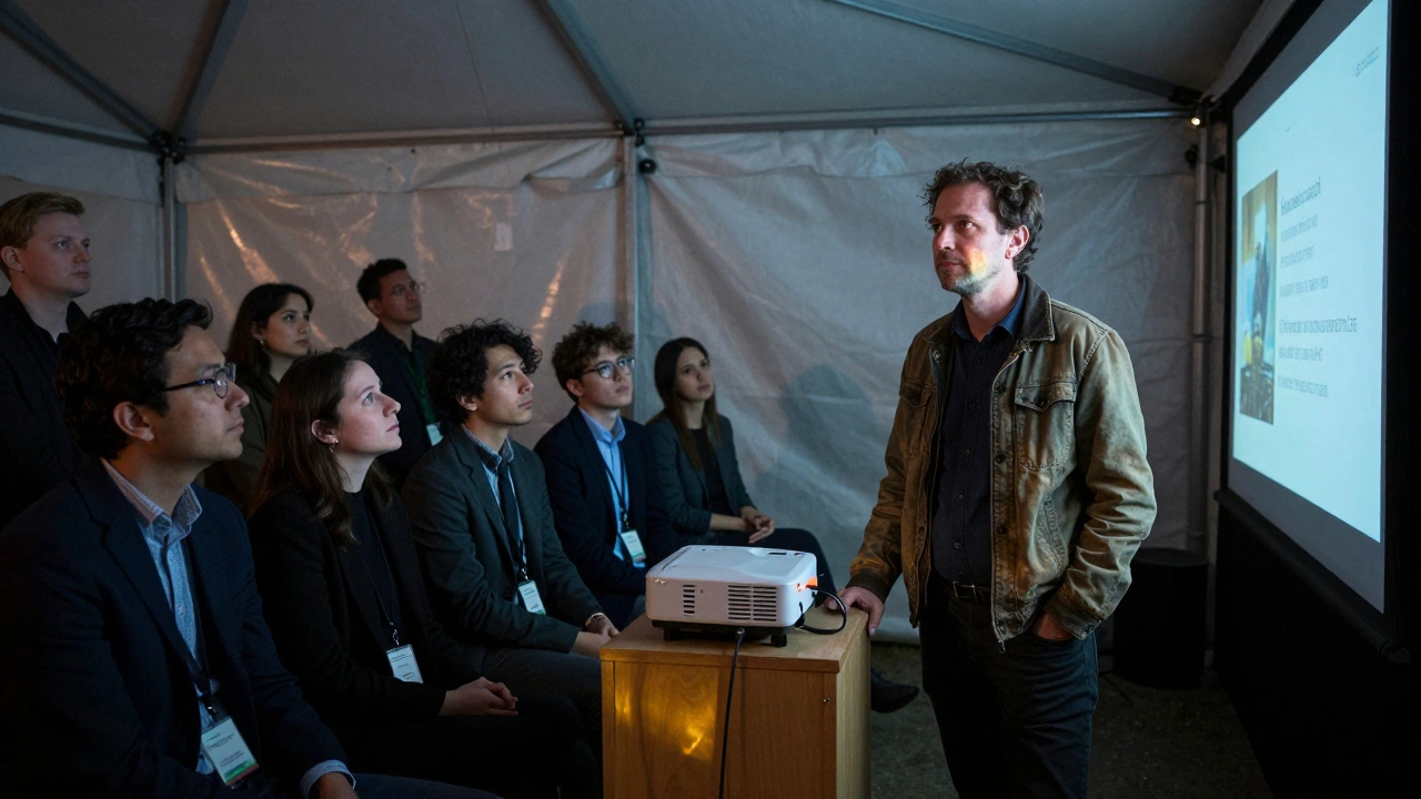 A director watching their short film screen at a festival as industry professionals observe intently.