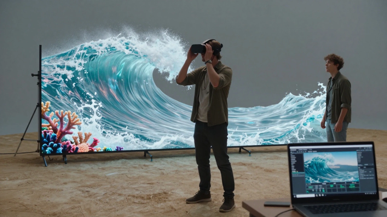 A director wearing AR glasses, seeing a virtual ocean overlay on a studio floor while filming a scene.