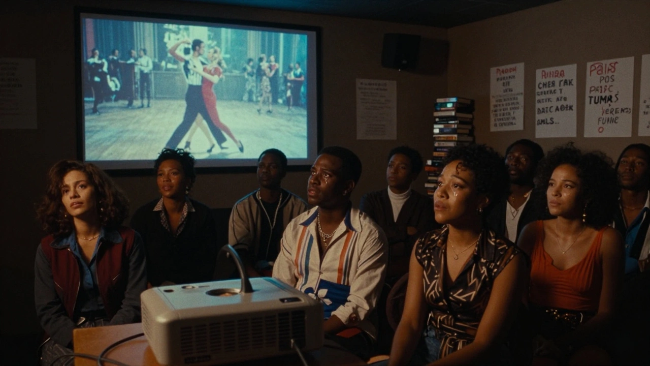 A diverse crowd watches 'Paris Is Burning' on a flickering projector in a dim underground room, tears in their eyes.