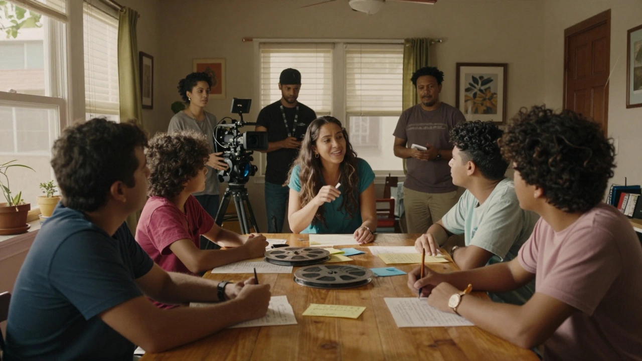 A diverse film crew works on an indie set in a home, directed by a Latina woman in warm sunlight.