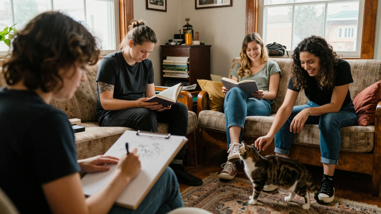 A diverse group bonds in a living room through shared quiet activities, no romantic pairs.