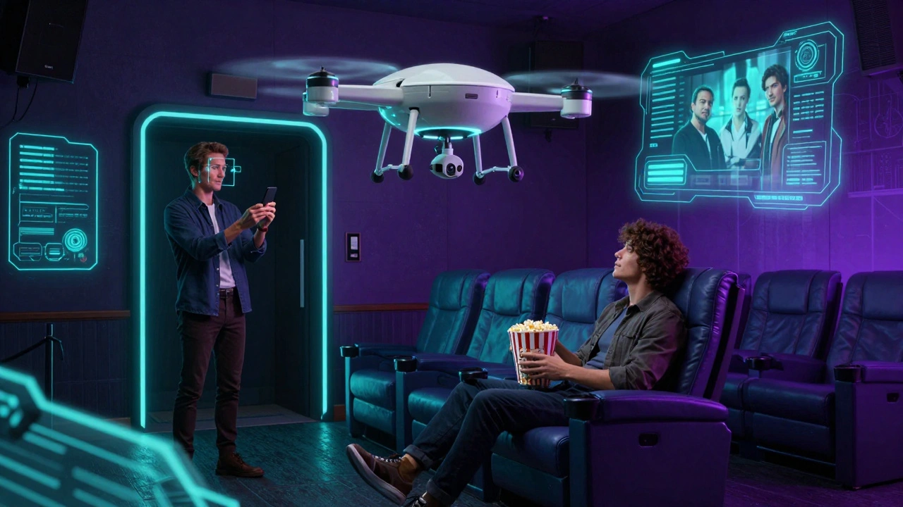 A drone delivers popcorn to a moviegoer while AR visuals from a film float nearby in a futuristic theater setting.
