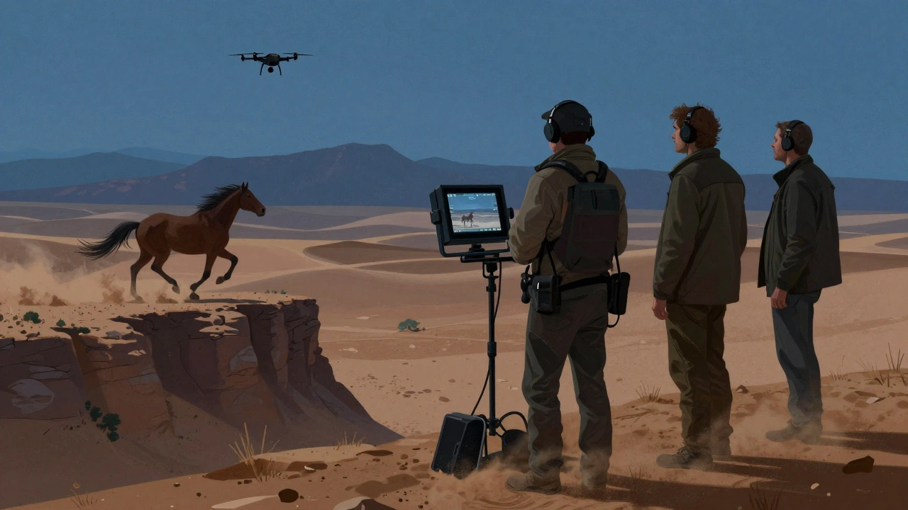 A film crew watches a drone feed on a monitor as a horse runs along a cliff at twilight.
