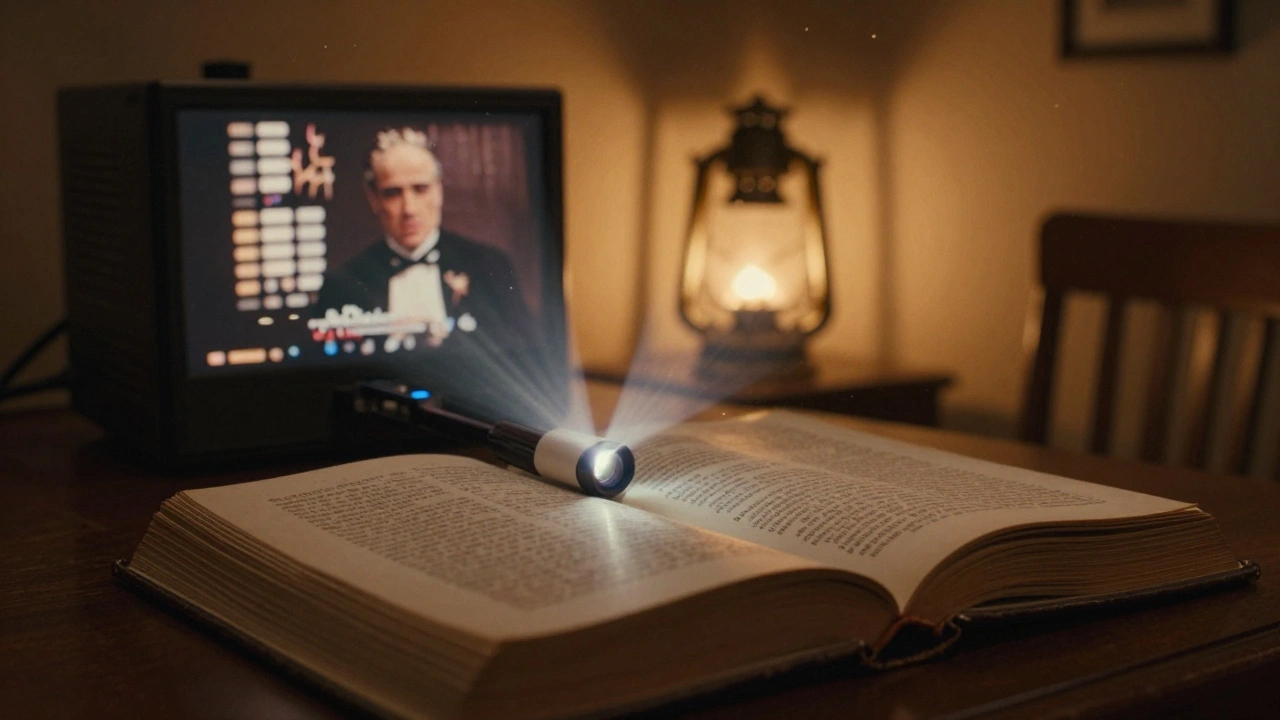 A film projector casting movie scenes onto a novel, with the original book glowing softly in the background.