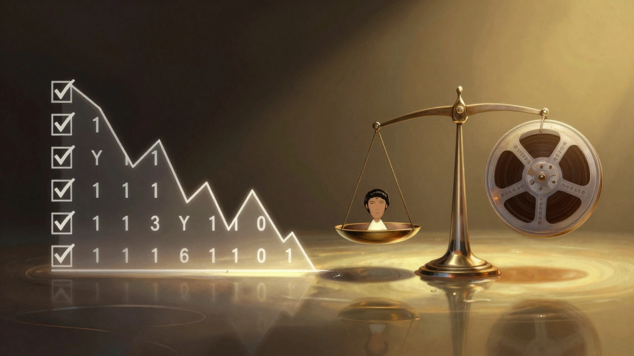 A film reel splitting into binary checkmarks and a balanced scale, symbolizing review aggregation methods.