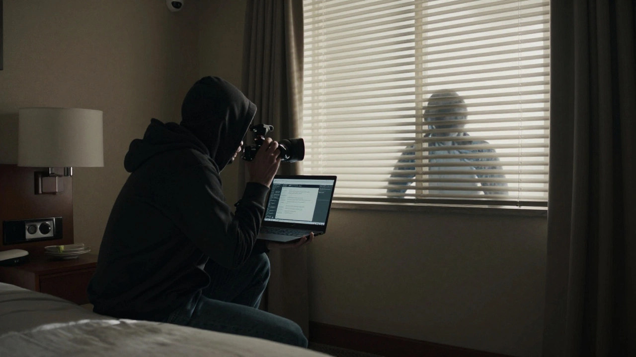 A filmmaker filming a hidden subject in a hotel room with only a laptop’s light, surveillance cameras visible.