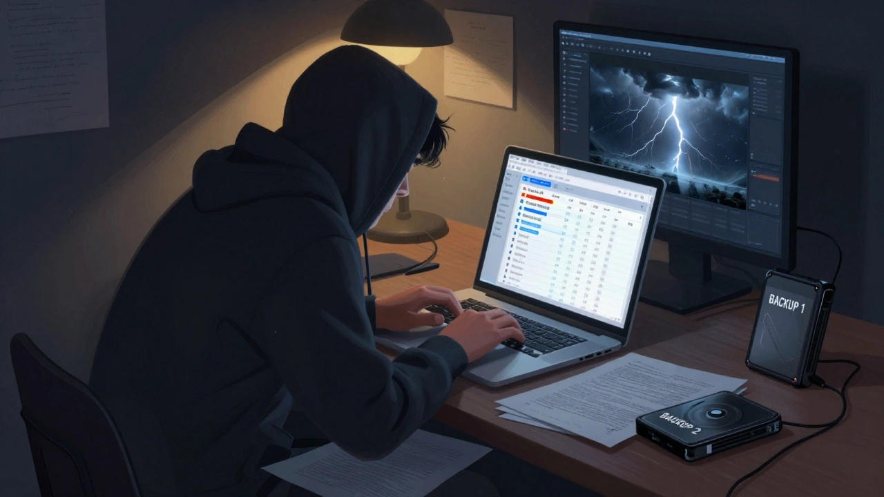 A filmmaker working late at night with backup hard drives and a Trello board on screen.