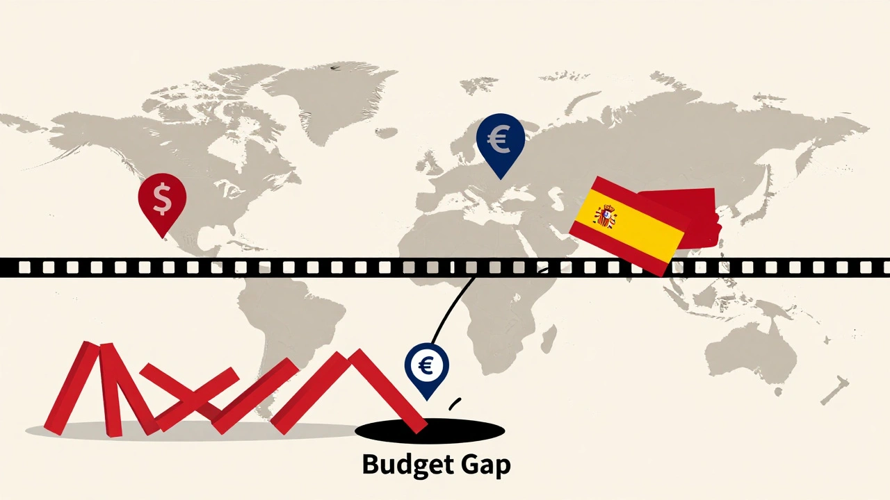 A financial pipeline shows currency symbols collapsing into a budget gap across international locations.