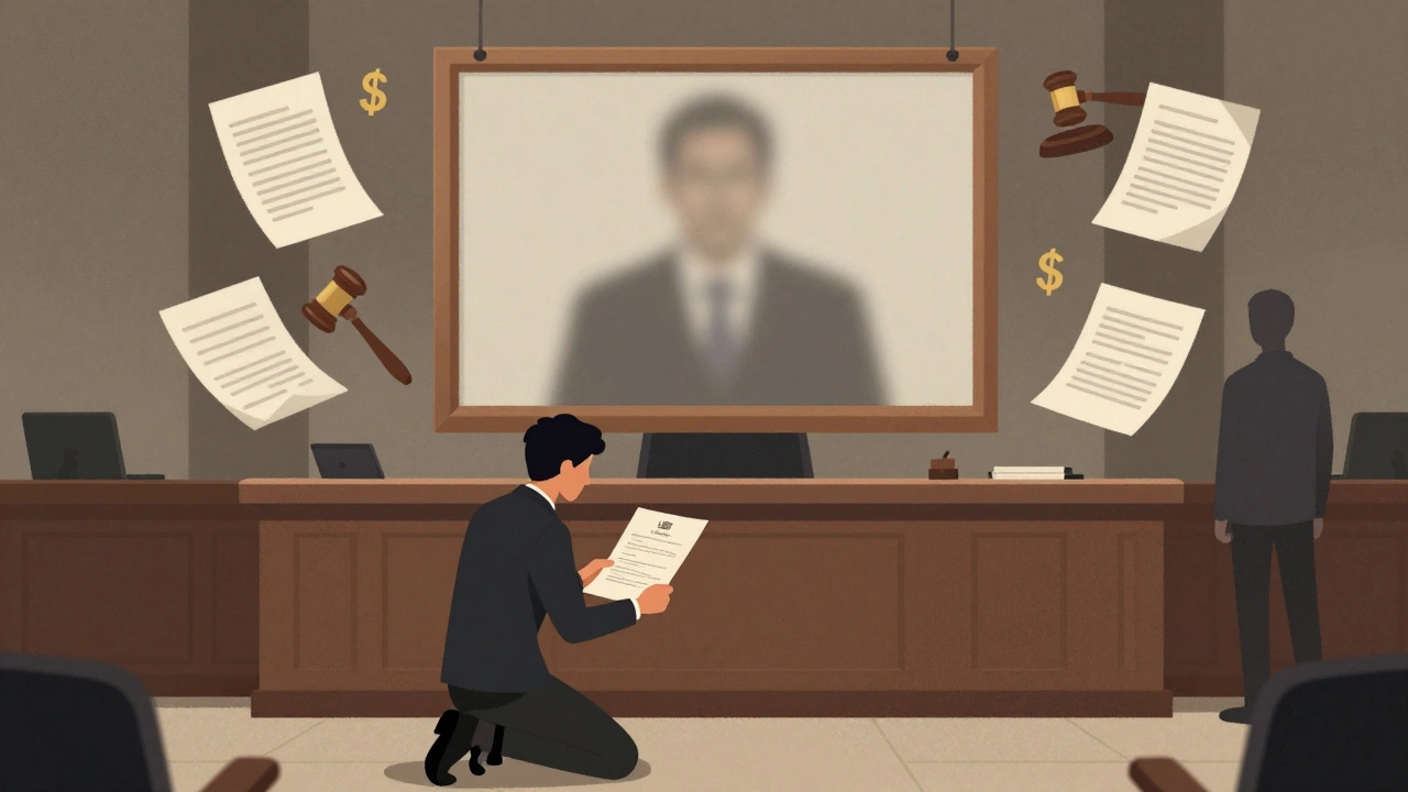 A floating copyrighted painting in a courtroom surrounded by legal documents and dollar signs.