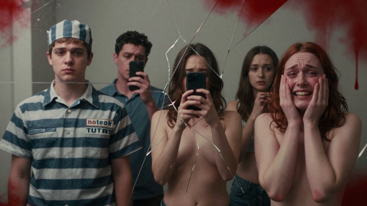 A fractured mirror showing conflicting identities shaped by film scenes of performance and oppression.