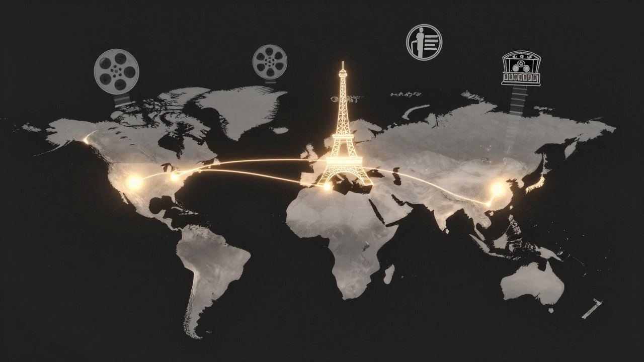 A glowing global map showing film deal connections between major cities, with film reels and streaming icons floating above.