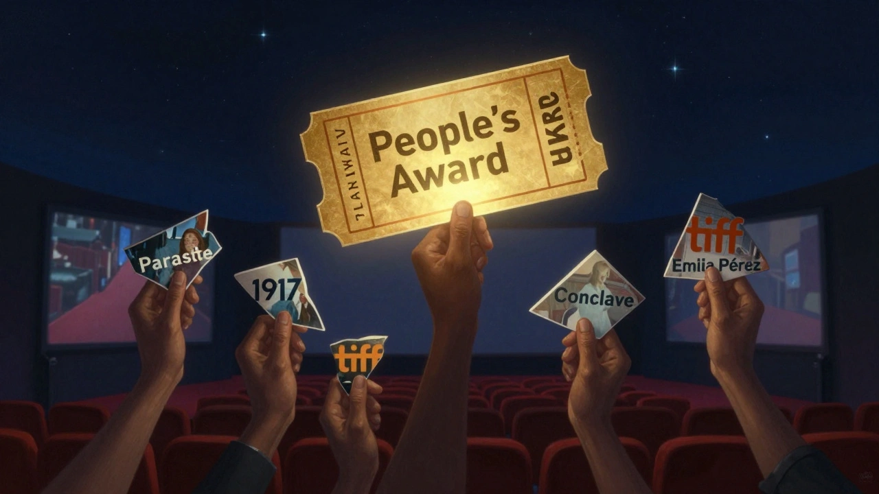 A golden ticket floating above hands holding fragments of acclaimed TIFF films, against a starry night backdrop.