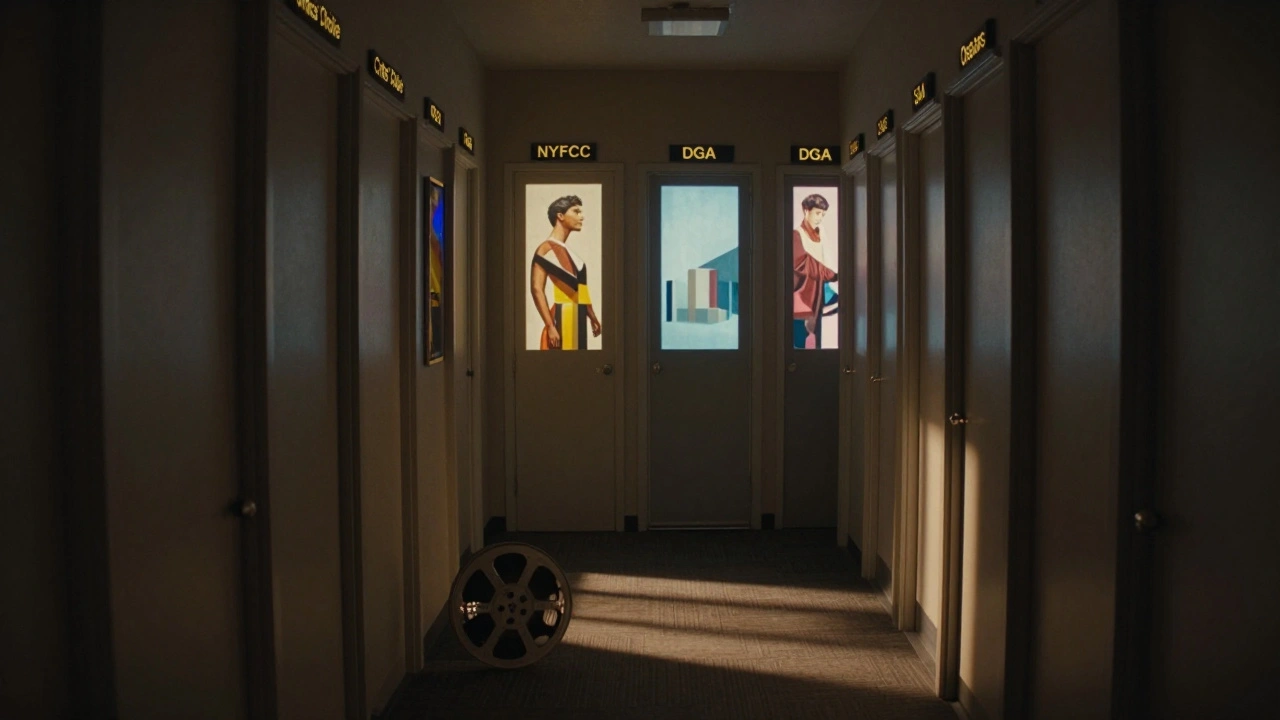 A hallway of award doors projecting different types of films, symbolizing the journey from critics to Oscars.