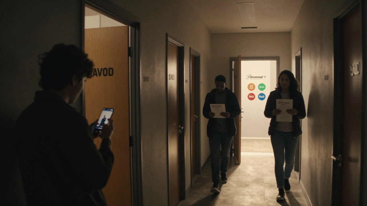 A hallway of streaming services with viewers entering AVOD and leaving SVOD