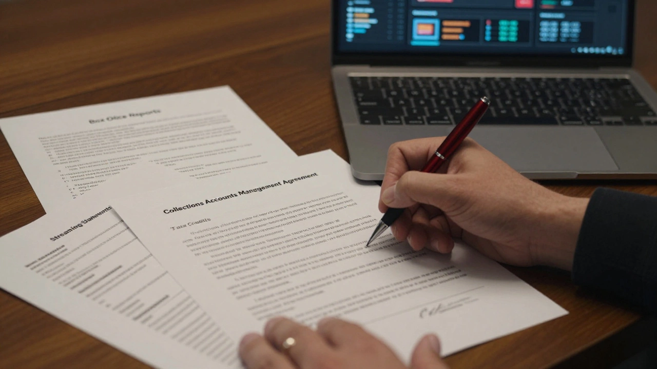 A hand signing a CAM agreement on a desk surrounded by film revenue documents and a live investor dashboard.