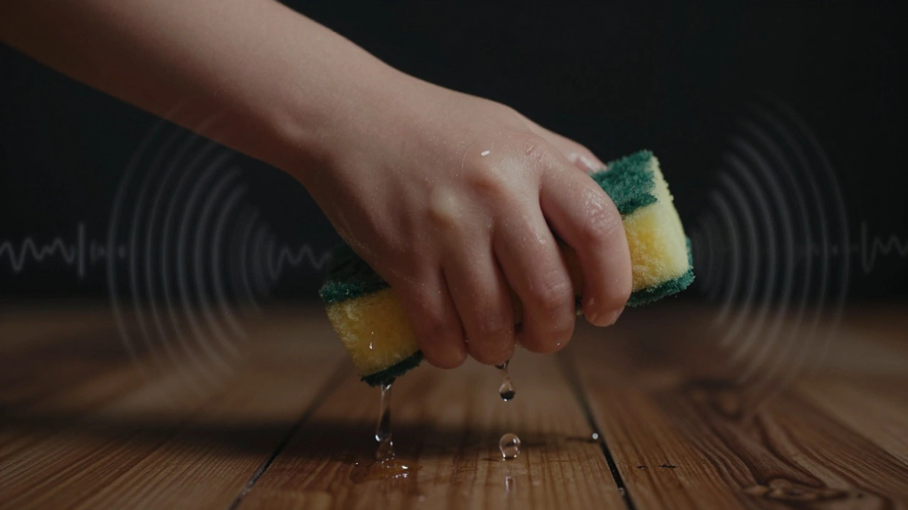 A hand squeezing a wet sponge in darkness, droplets falling on wood.