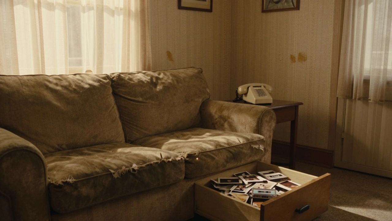 A lived-in living room with worn furniture, vintage phone, faded wallpaper, and golden light filtering through dusty curtains.