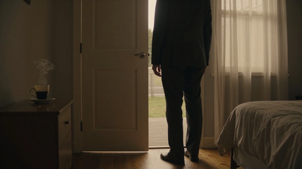 A man hesitates before a bedroom door, his hand near the handle, with no shadow beneath it and a steaming coffee cup on the nightstand.