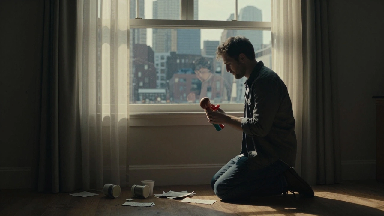A man kneels in a quiet apartment, holding a child's toy as sunlight filters through dusty curtains.