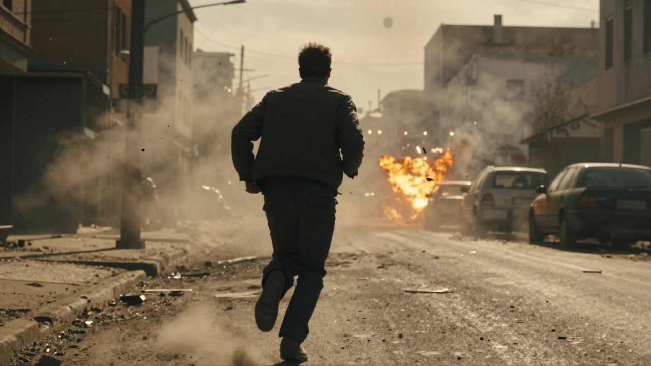A man runs through a chaotic war-torn street, camera shaking behind him amid smoke and explosions.