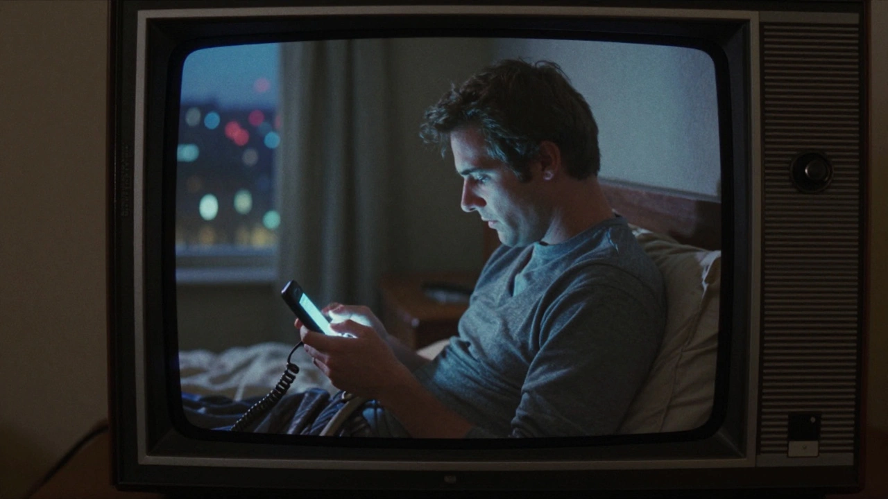 A man sits alone in a dim 1980s bedroom, staring at a phone, framed in boxy 4:3 aspect ratio with vintage TV grain.