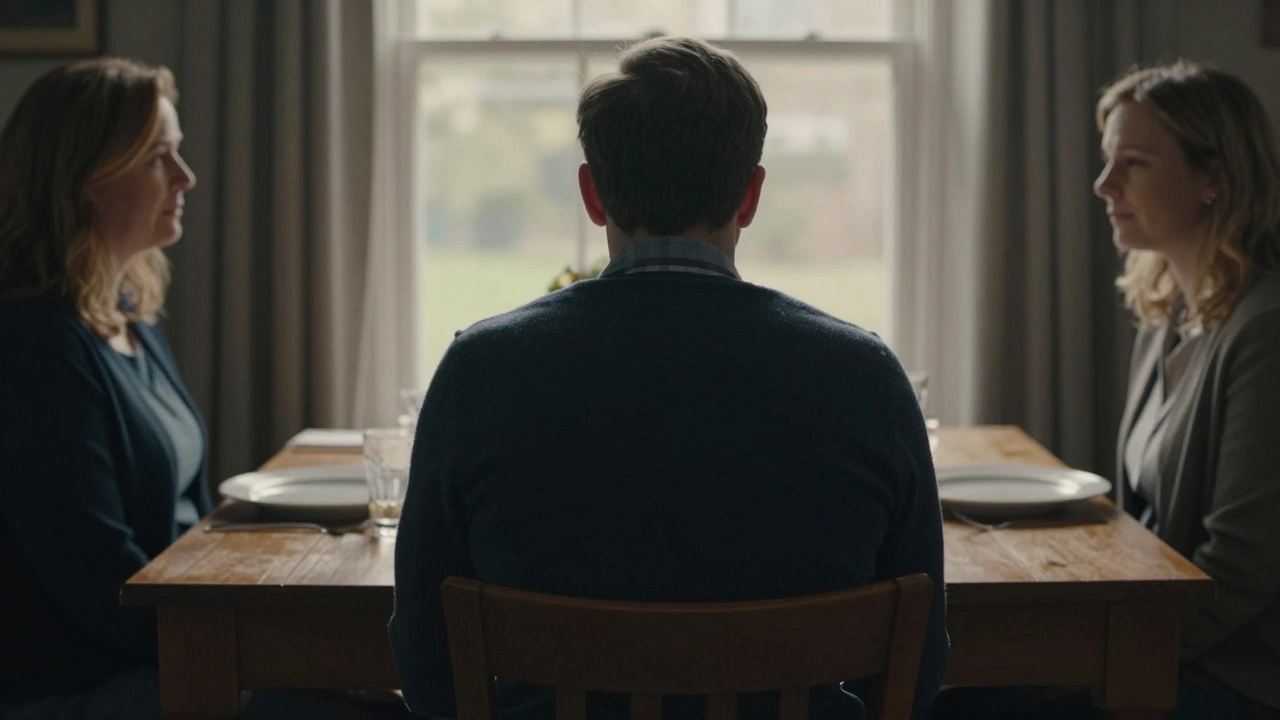A man sits silently at a dinner table, back to the camera, soft light highlighting stillness and tension.