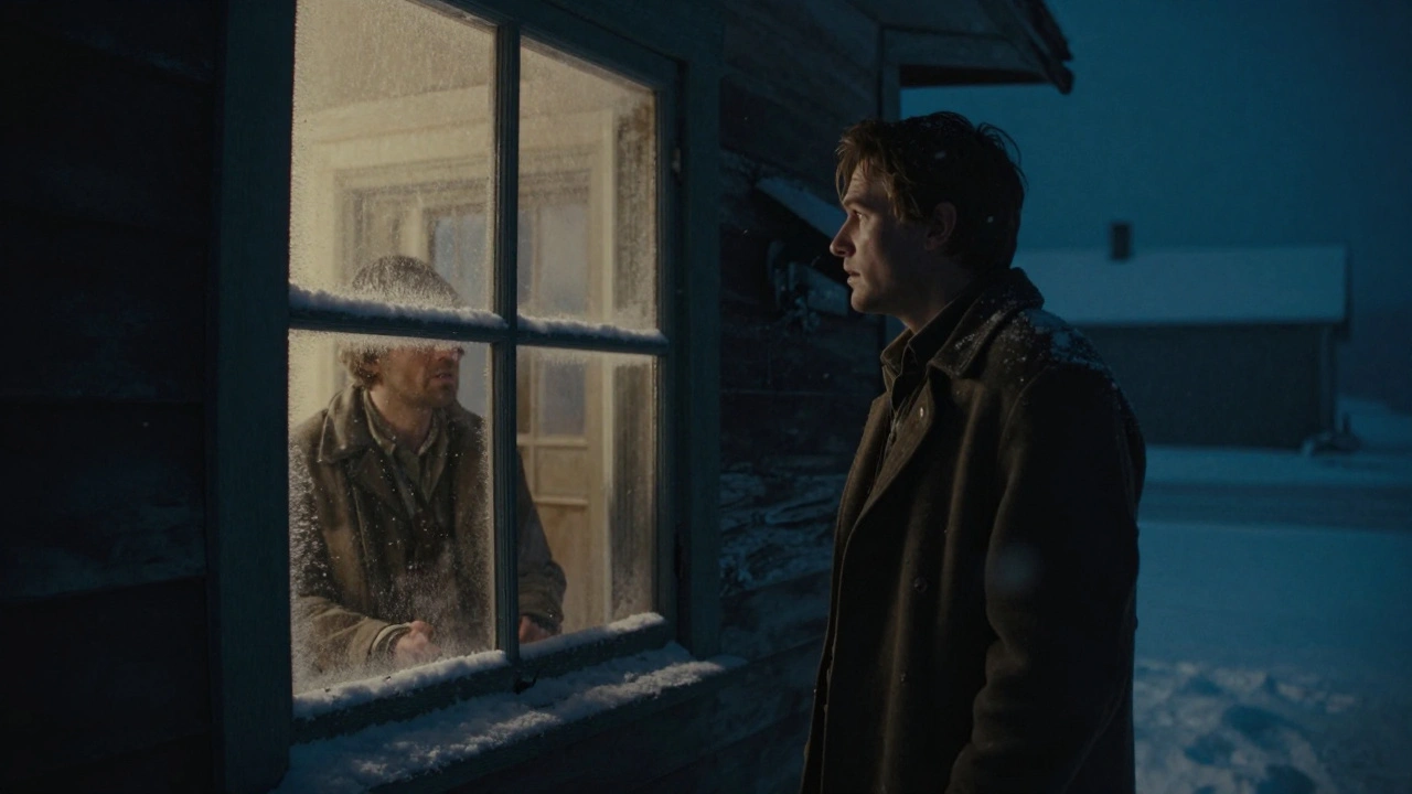 A man stares out a frost-covered window at a snowy Montana ranch, his reflection showing deep sorrow.
