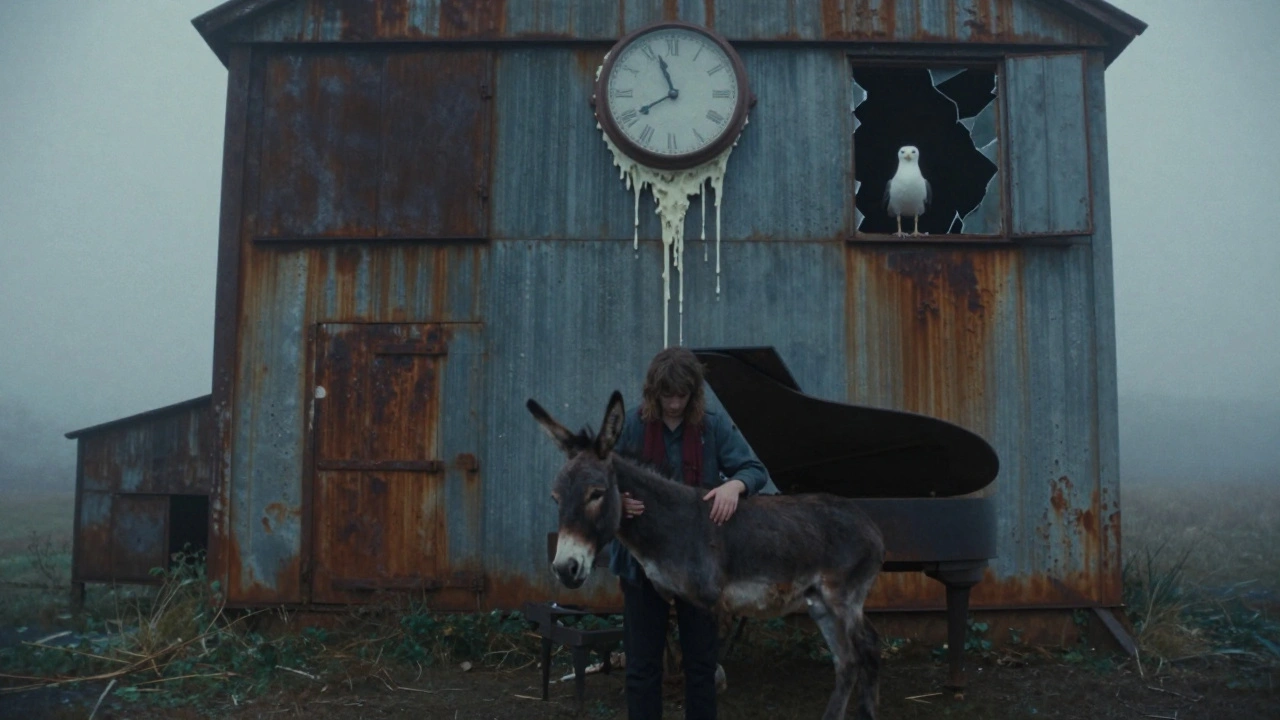 A person holds a dead donkey on a piano under a melting clock in a foggy industrial yard.