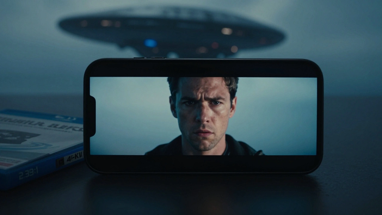 A person watches a cropped film on a phone, losing part of a massive alien ship, while an unopened Blu-ray with original aspect ratio sits beside it.