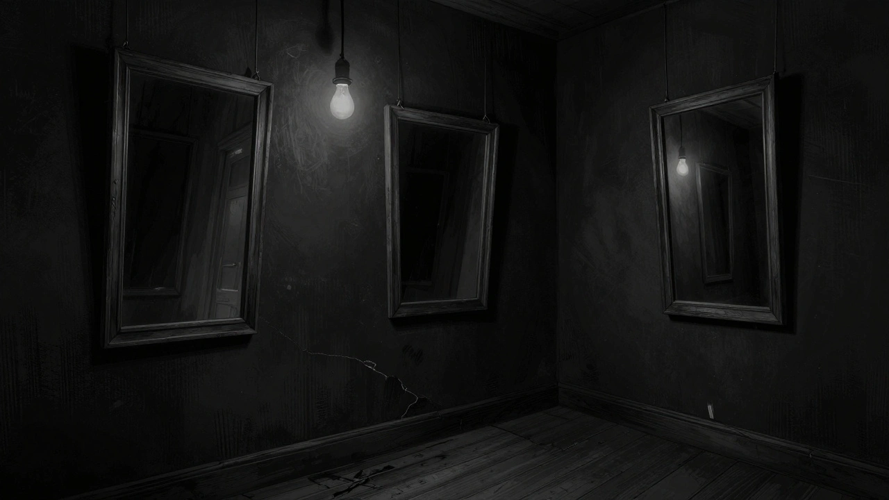 A pitch-black hallway with distorted mirrors and a single hanging bulb, creating an infinite, eerie reflection.