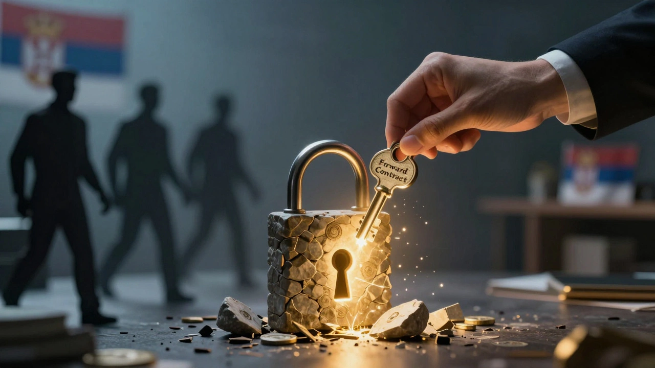 A producer locks in a forward contract as golden light transforms a failing budget into a solid foundation.