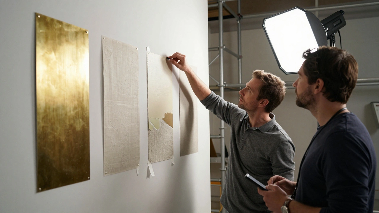 A production designer and cinematographer examine material samples under studio lighting on a half-built set.