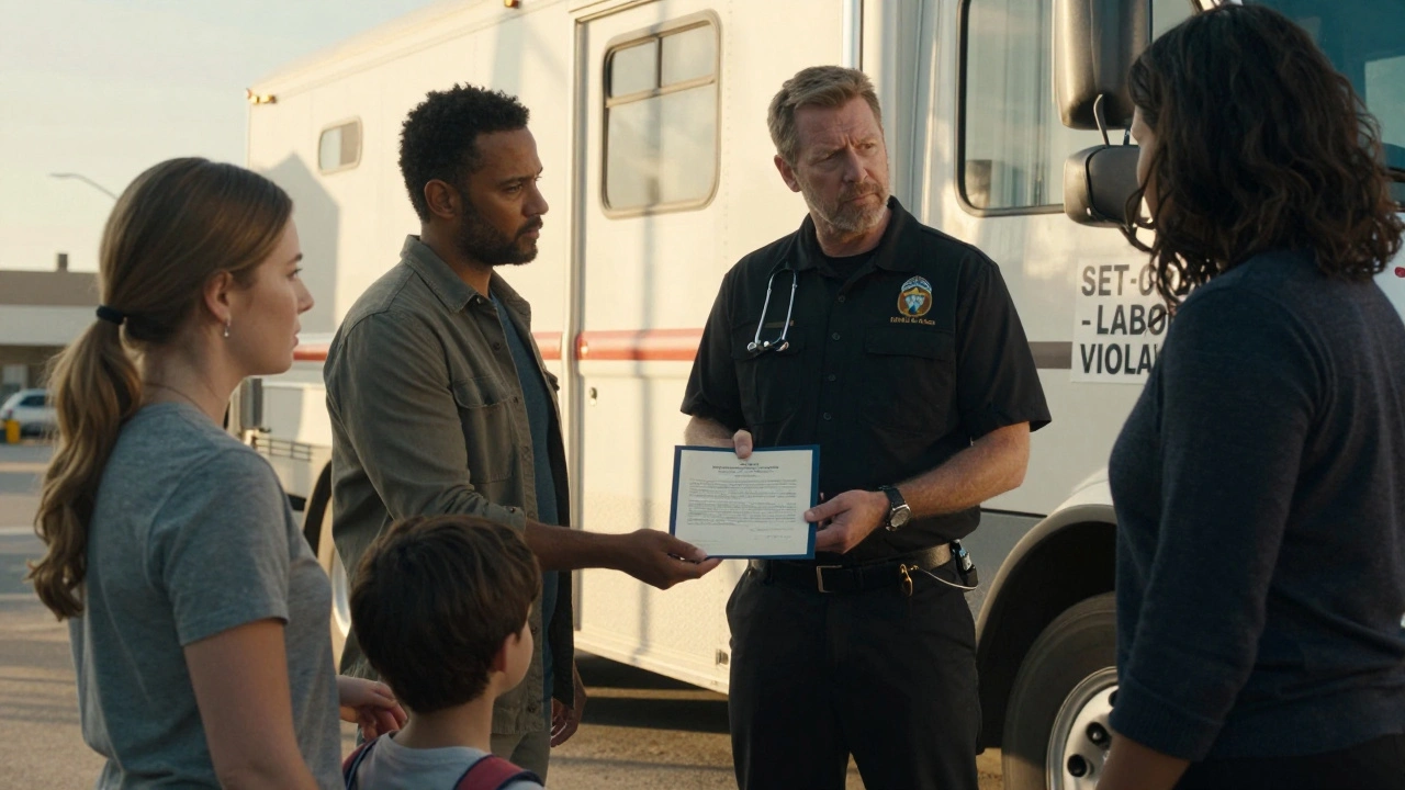A production team pauses as a labor officer reviews documents, a child actor stands nearby with a teacher.