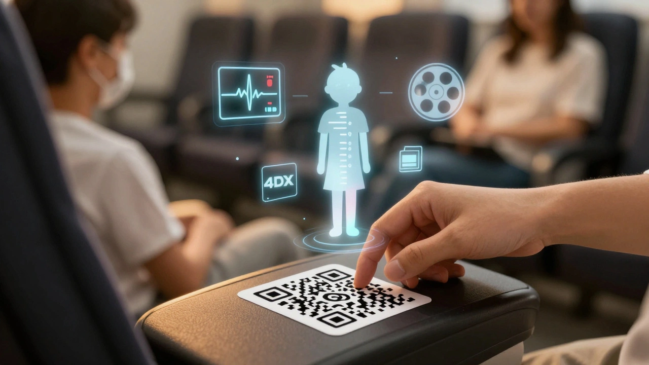 A QR code on a 4DX seat emits holographic safety icons representing health checks and system monitoring.