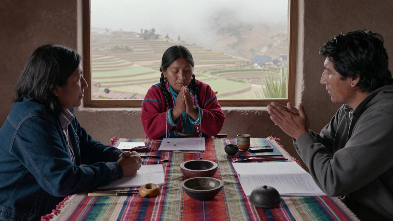 A Quechua consultant and actor review a film script together in the Andes, surrounded by handwoven blankets and ancestral tools under misty mountains.