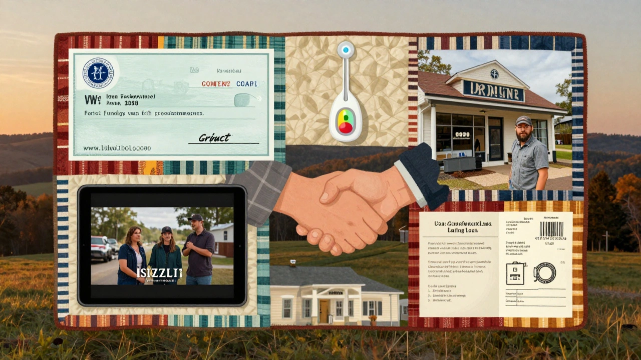 A quilt of funding sources woven into a rural landscape, symbolizing community-backed film production.