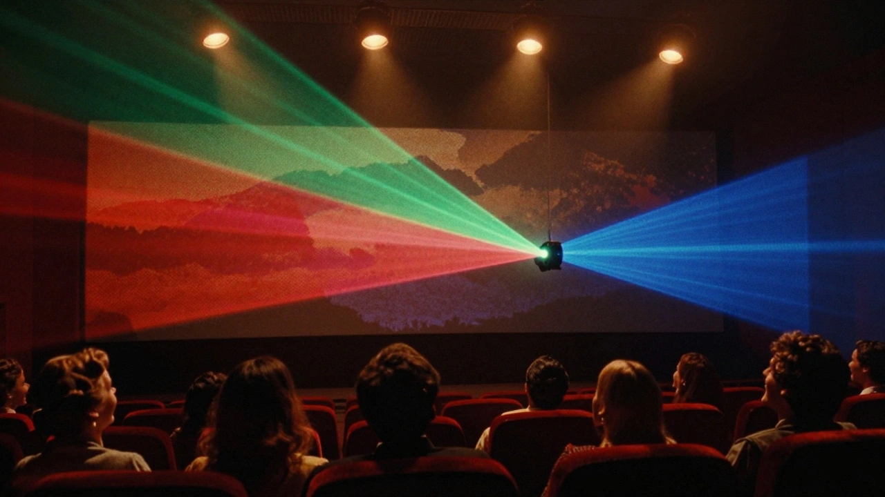 A retro-futuristic poster of a laser projector beams vibrant colors across a cinema screen, with silhouetted viewers in the foreground.