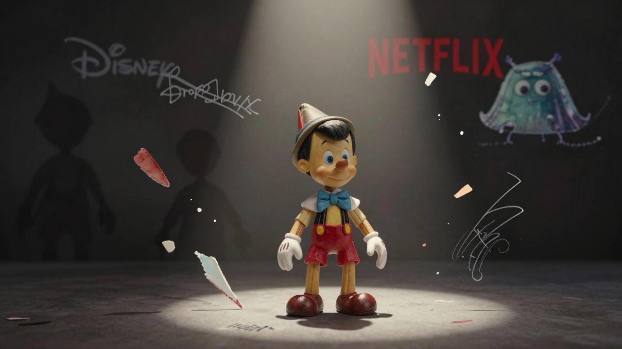 A stop-motion Pinocchio puppet on an empty awards stage, surrounded by floating animation styles under a single spotlight.