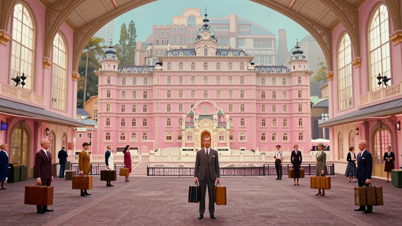 A symmetrical pastel-colored train station with vintage characters in frozen poses.