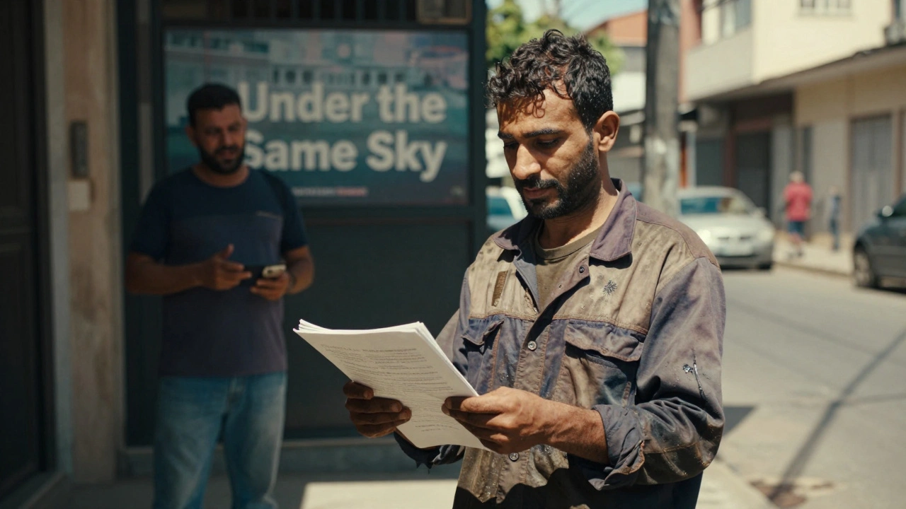 A Syrian refugee in São Paulo, dressed in work clothes, holding a script as a director watches approvingly.