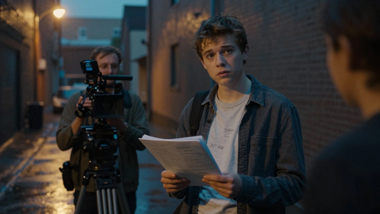 A teen actor performs a quiet, emotional scene in a rainy alley at dusk, illuminated by streetlights.