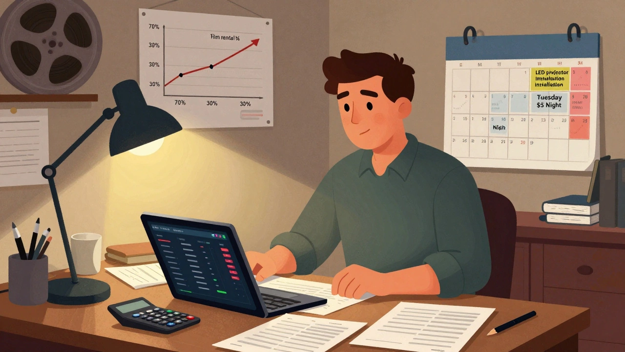 A theater owner reviewing financial charts and a dynamic pricing dashboard at a cluttered desk, with film rental percentages visible.