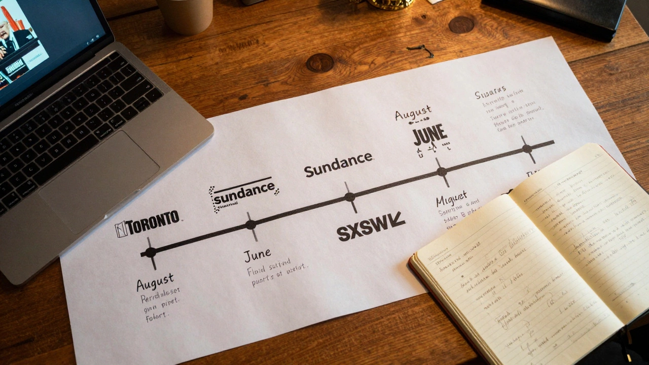 A timeline of film festivals on a desk with notes, laptop, and coffee stains.