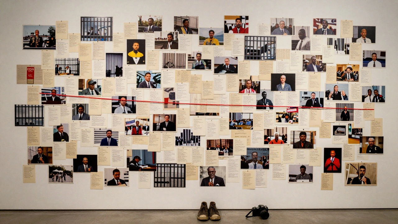 A wall covered in interconnected index cards and images tracing the history of mass incarceration in America.