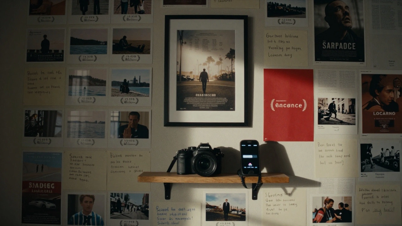 A wall displaying a progression of short films leading to a feature film poster, symbolizing career growth.