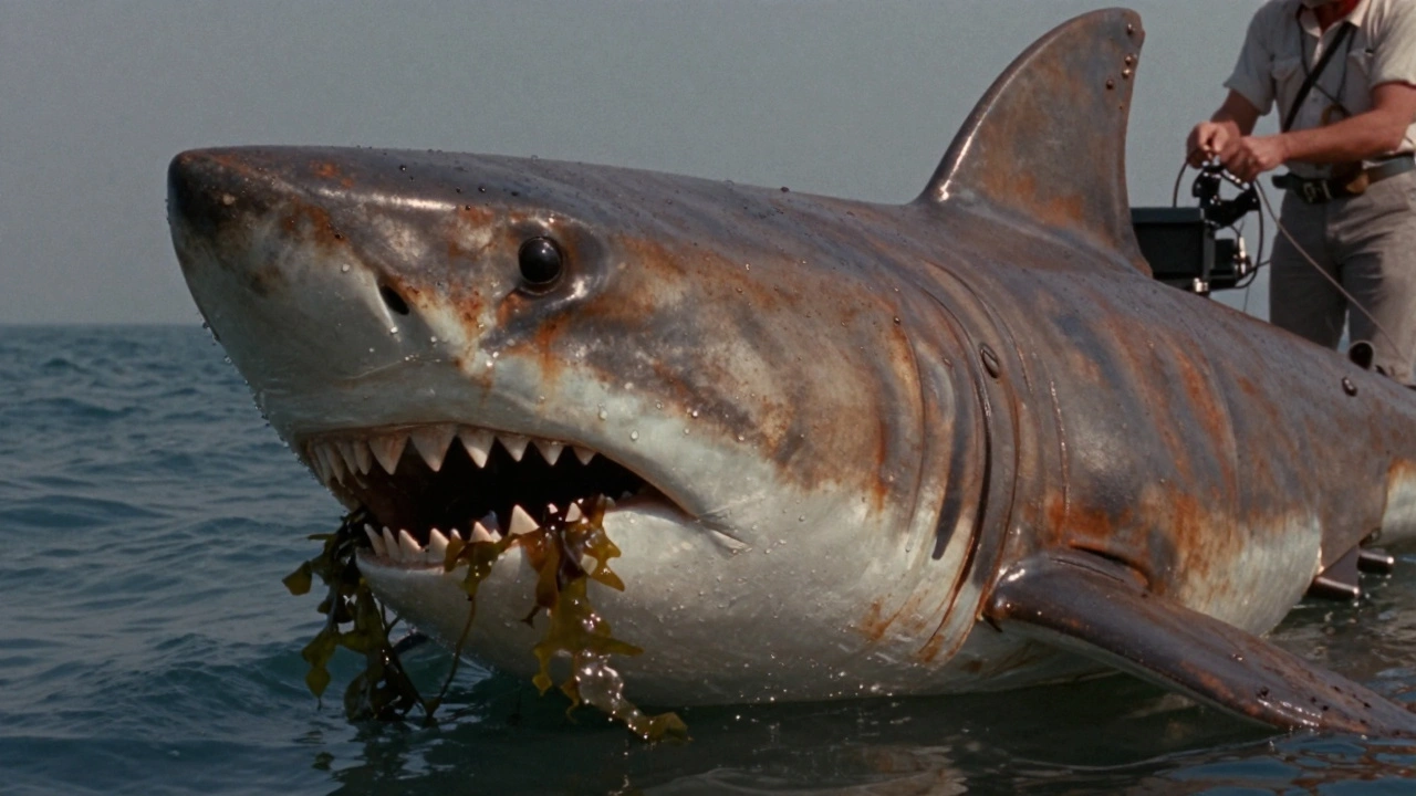 A weathered mechanical shark model emerges from ocean water, glistening with real droplets and seaweed, under natural light.