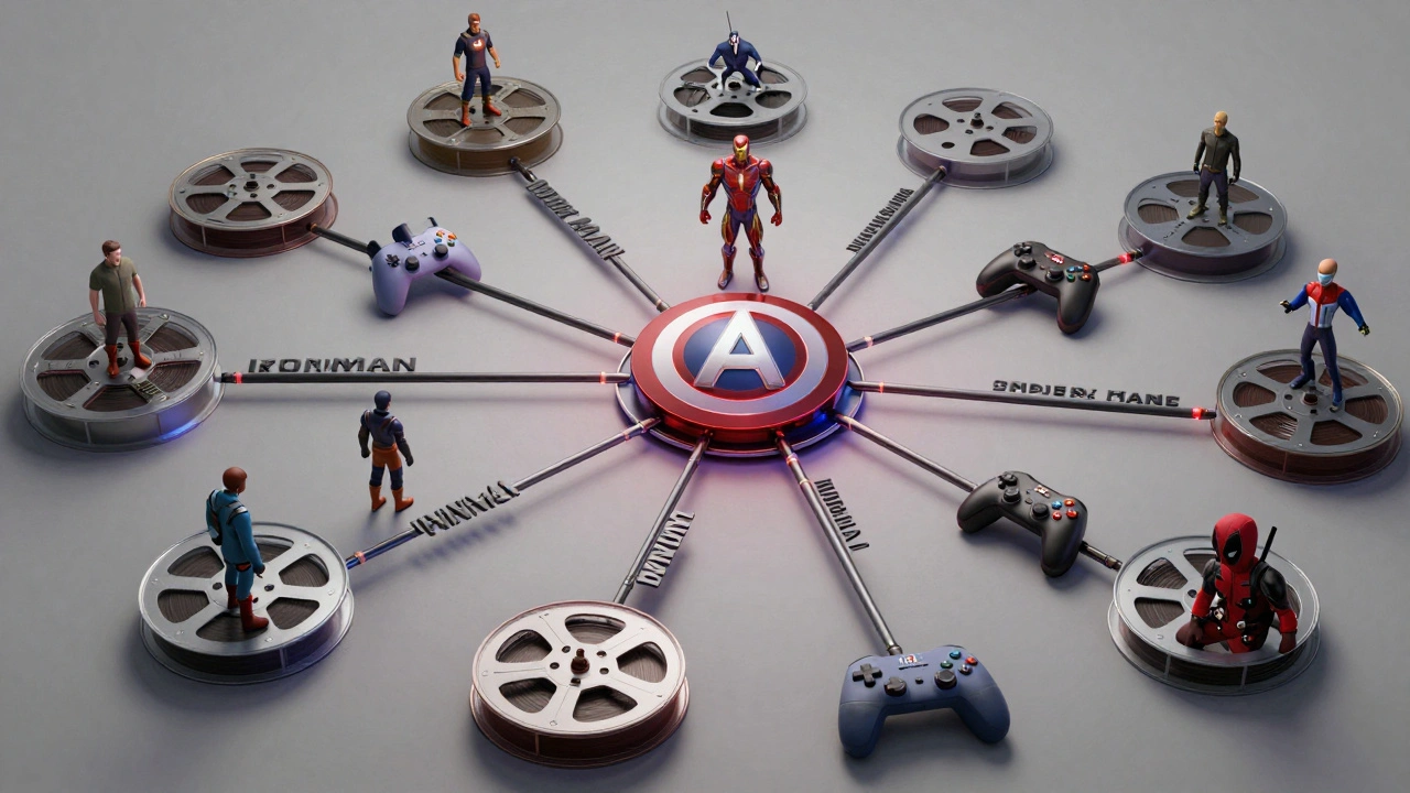 A web of film reels, streaming symbols, and merchandise connected to a central Marvel logo.