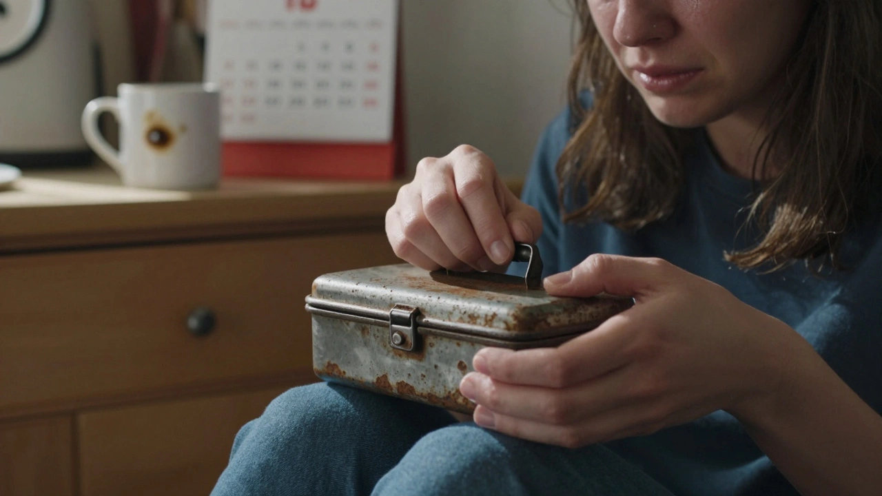 A woman holds a rusted lunchbox in her hands, tears in her eyes, seated in a sunlit kitchen.
