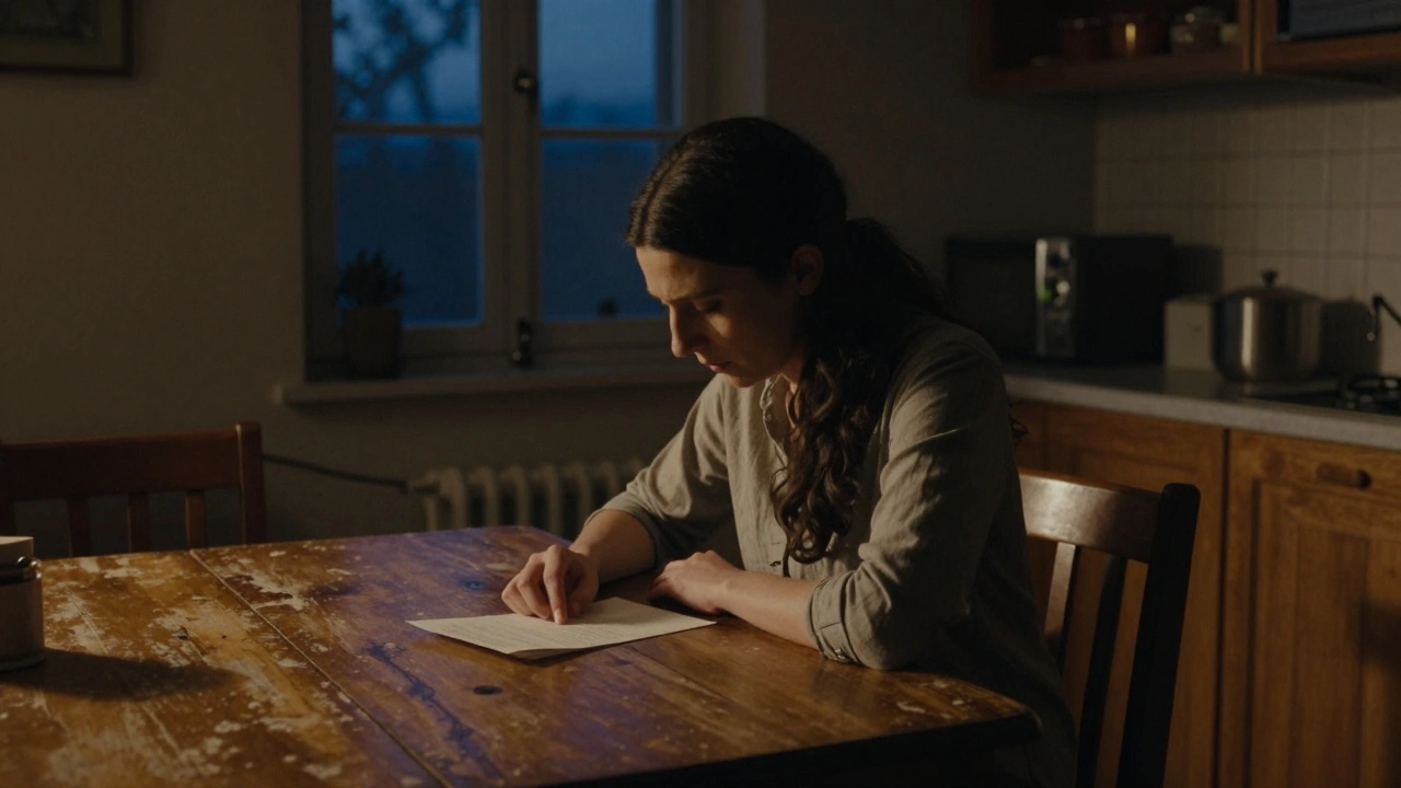 A woman sits at a kitchen table as sunlight fades, listening to unheard letters.