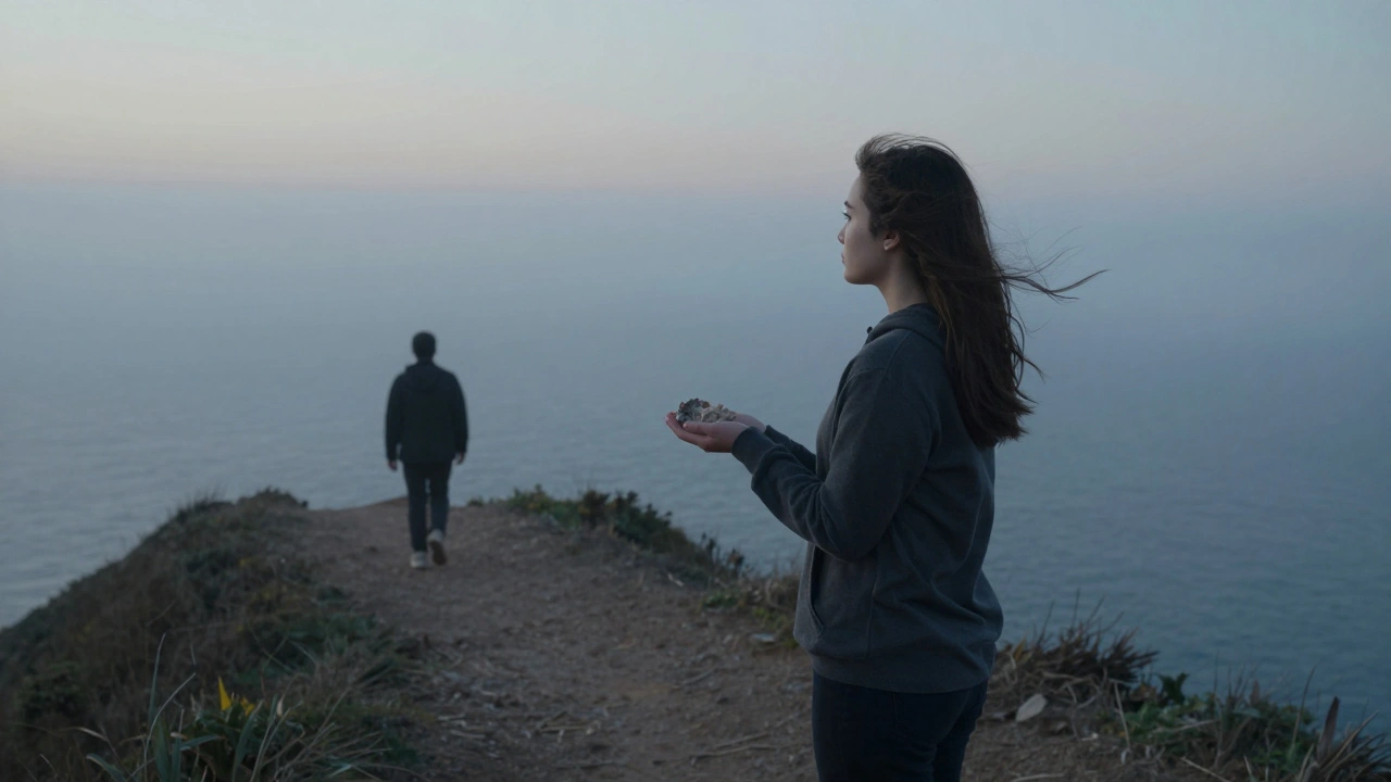 A woman stands alone on a cliff at dawn, holding a fossil, gazing at the ocean.